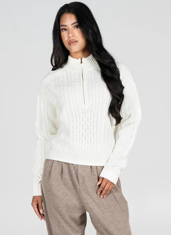 Cable Knit Zip Front Sweater in Ivory