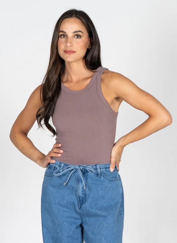 Bamboo Rib High Crew Tank in Mocha