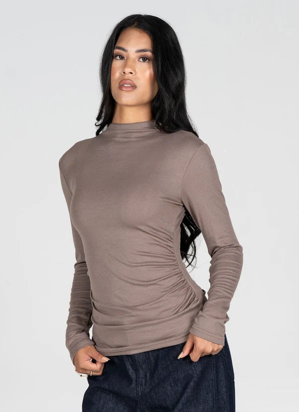 L/S Ruched High Neck Top in Taupe