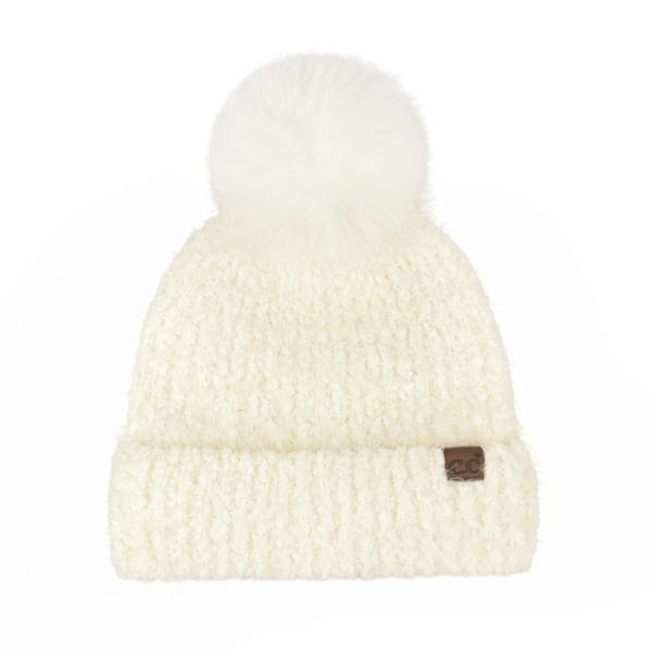 Boucle Beanie Faux Fur Pom in Ivory