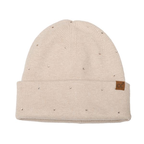 Rhinestone Cuff Beanie in Beige