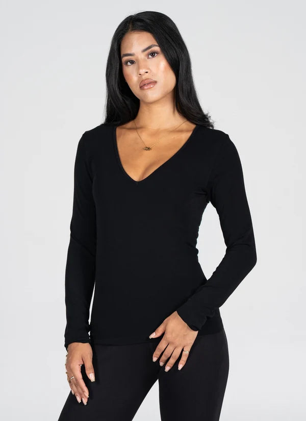 Bamboo L/S V Neck Top in Black