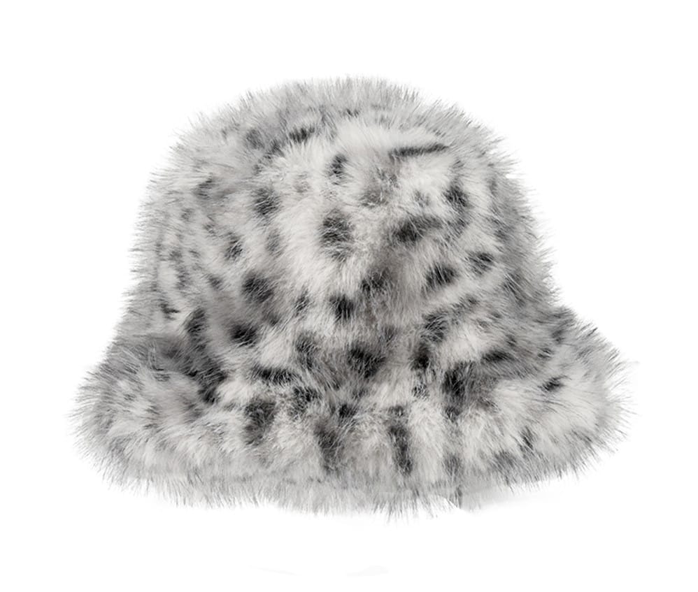 Faux Fur Leopard Bucket Hat in Light Grey