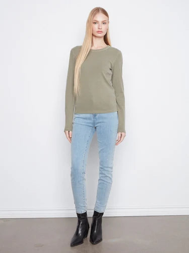 Cotton Blend Ribbed Long Sleeve Top - Verveine