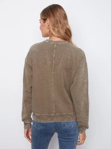 Long Sleeve Top With Flower Appliqué - Moss