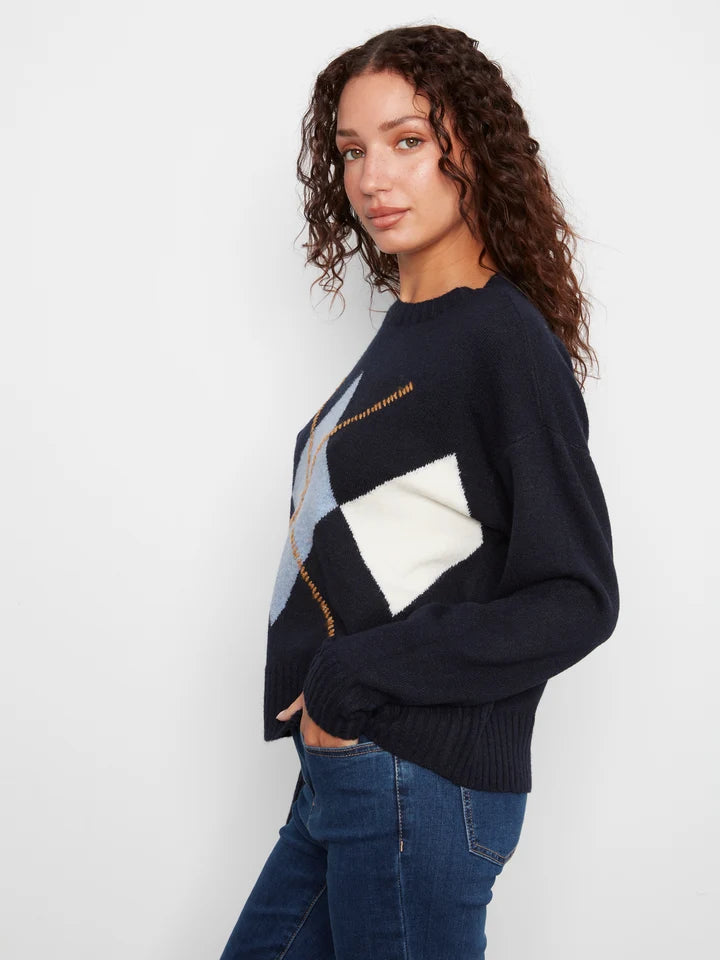 Long Sleeve Drop Shoulder Crew Neck Sweater With Argyle Jacquard & Whipstitch Detail