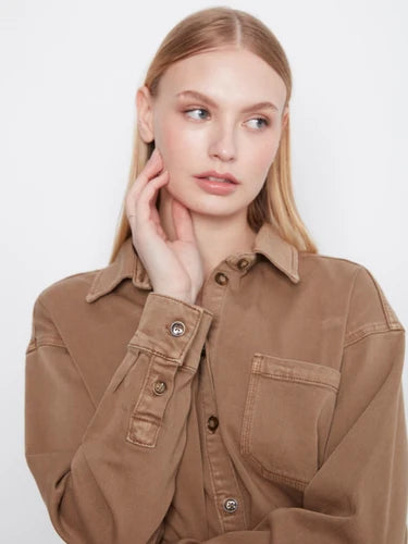 Button-Front Twill Overshirt - Walnut