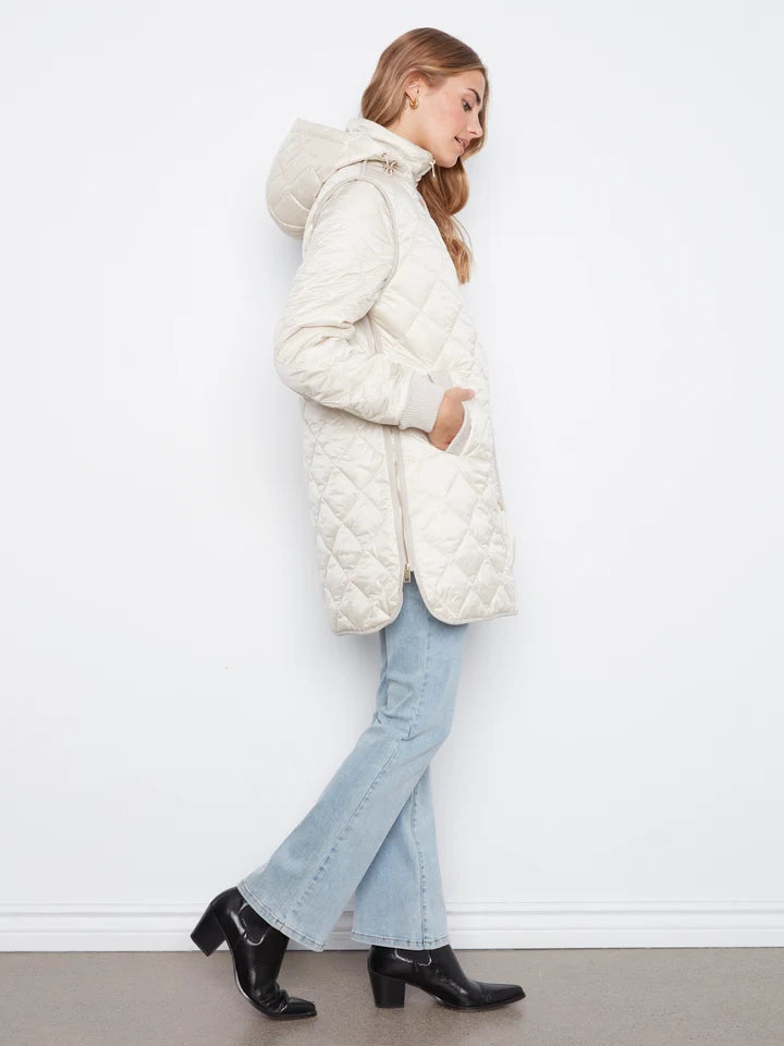 Puffer With Sweater Rib & Removable Hood - Pearl