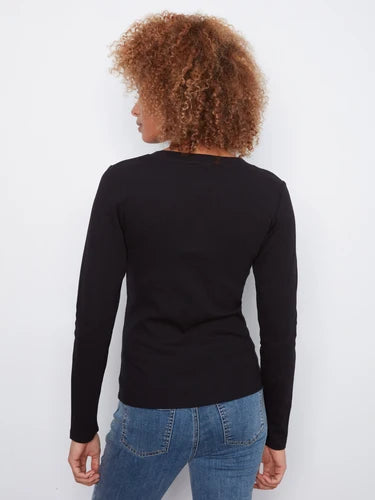 Cotton Blend Ribbed Long Sleeve V-Neck Top - Black