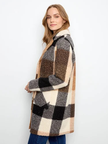 Plaid Bouclé Knit Coat - Taupe