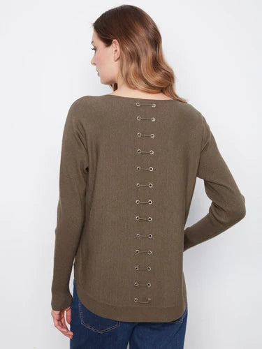 Knit Sweater With Back Lace-Up Detail - Heather Moss