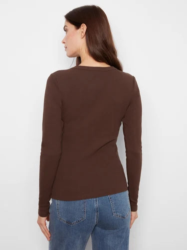 Cotton Blend Ribbed Long Sleeve Top - Coffee
