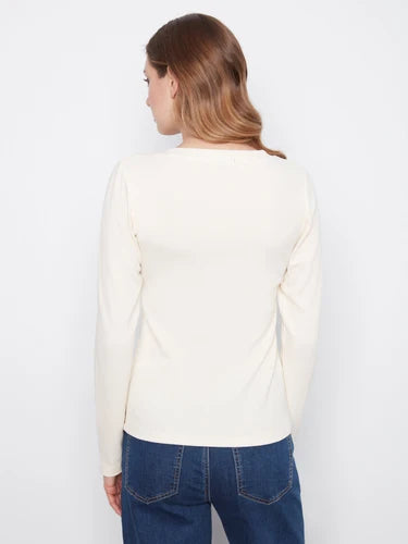 Cotton Blend Ribbed Long Sleeve V-Neck Top - Almond