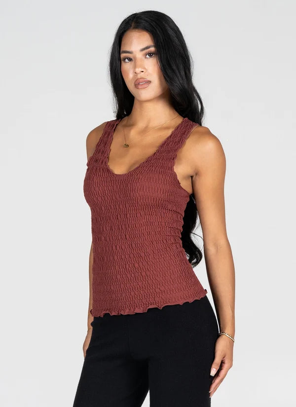 Seamless Smocked V Neck Tank - Cinnamon