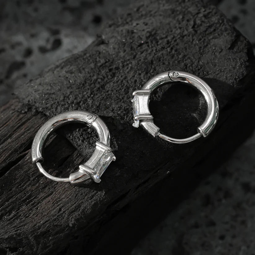 Retro Style Hoops with an Encased Clear Zirconia Charm in Silver.