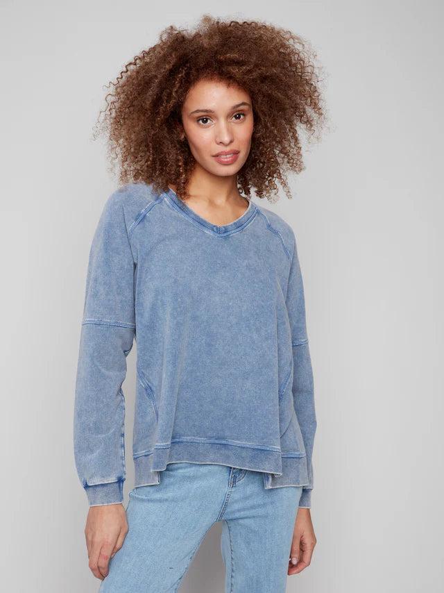 Charlie B- Cold Dye French Terry V-Neck Top - Denim