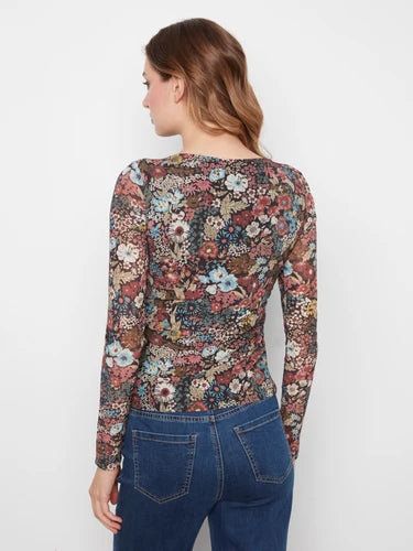 Printed Mesh Boat Neck Top - Azalea
