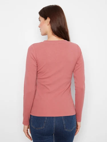 Cotton Blend Ribbed Long Sleeve V-Neck Top - Rosebud