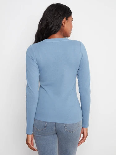 Cotton Blend Ribbed Long Sleeve V-Neck Top - Storm