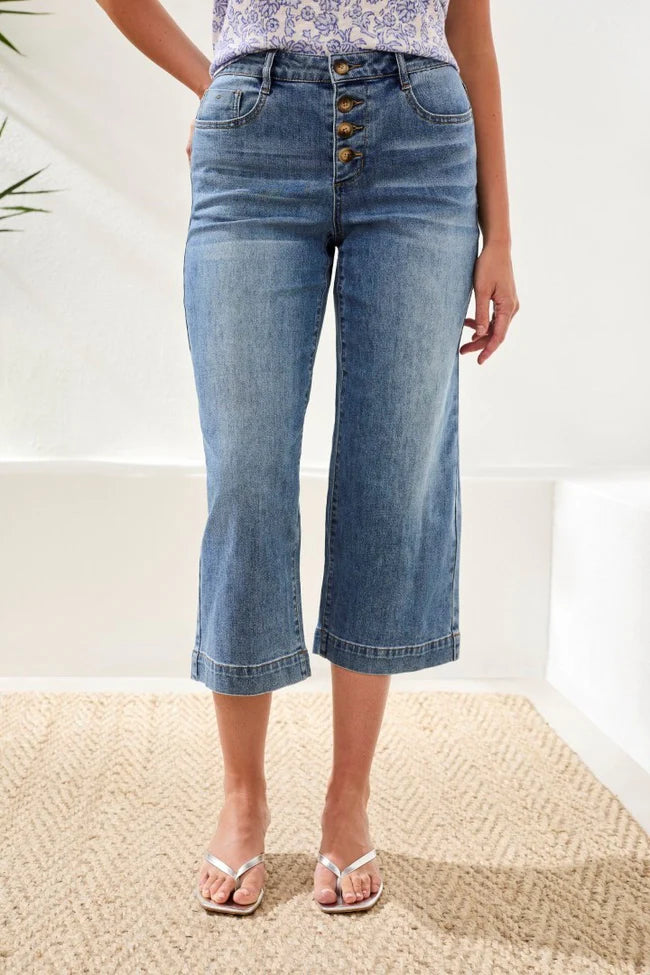Audrey Button Fly Wide Crop Denim Jeans