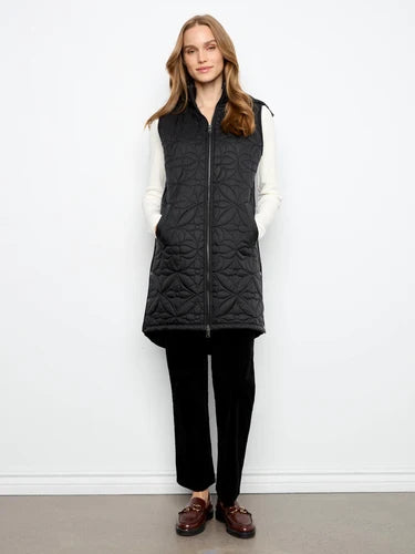 Long Hooded Puffer Vest - Black