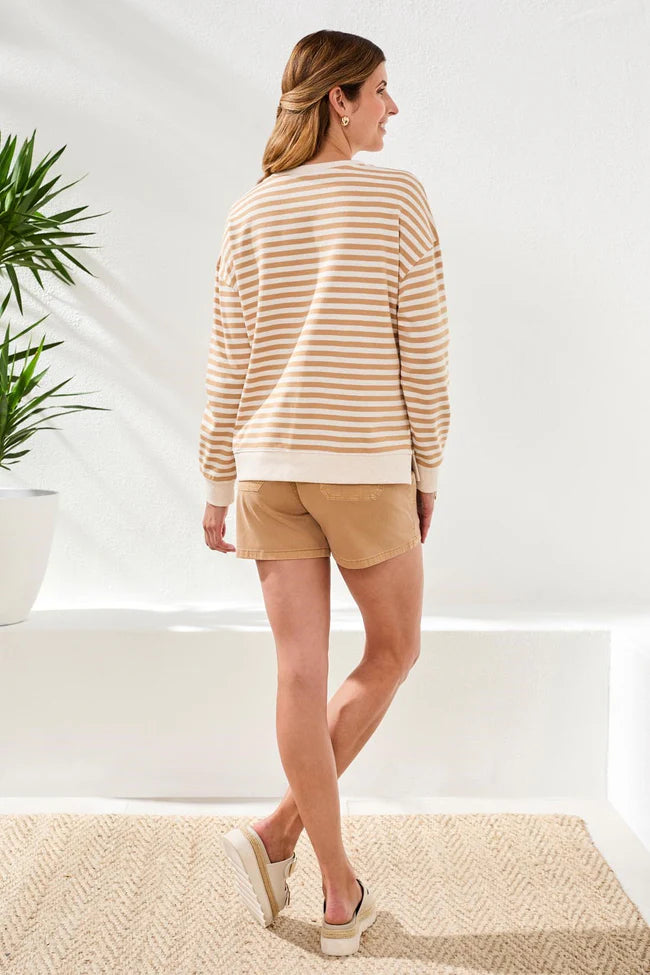 Cotton Crewneck Drop‑Shoulder Long Sleeve Top with Combo Trim
