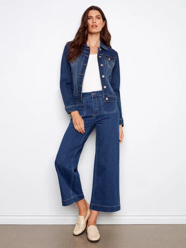 Cropped Patch Pocket Flare Jeans - Indigo