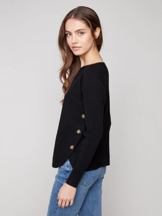 Charlie B - Boat Neck Sweater With Side Buttons - Black