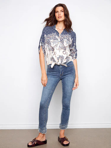 Printed Linen Blend Front-Tie Blouse