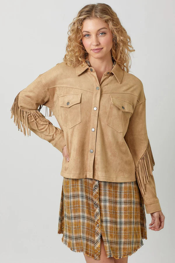 Mystree - Fringe Faux Suede Jacket - Latte