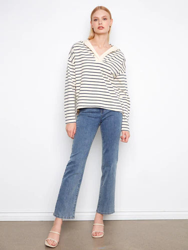 V-Neck Striped Hoodie - Navy