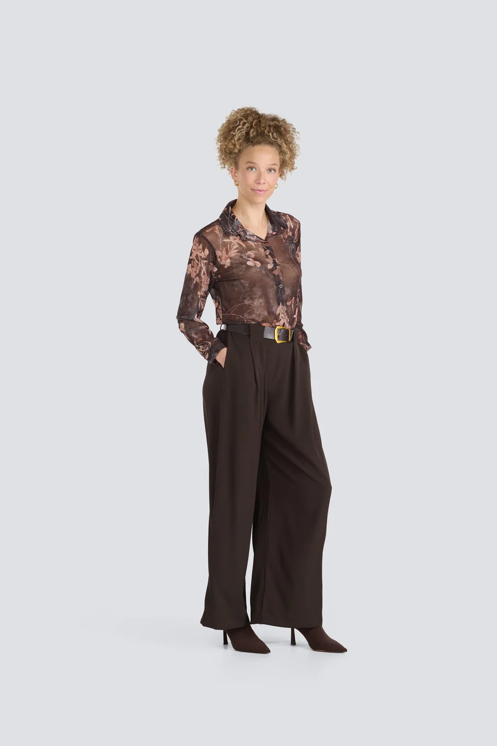 Button Front Floral Mesh Top