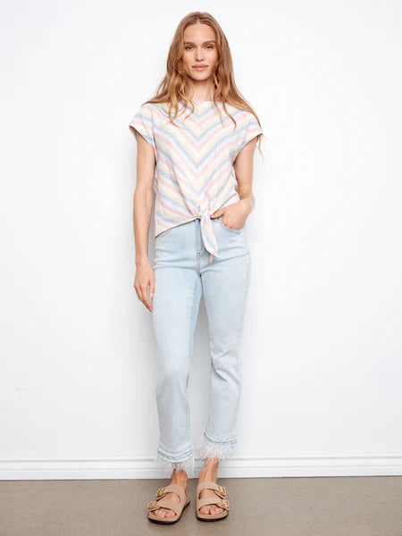 Yarn-dye stripe front tie blouse