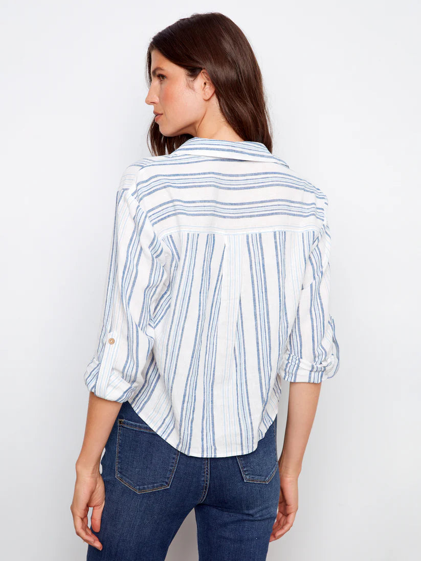 Yarn Dye Stripe Twist Front Shirt w/Roll-up Long Sleeves Denim