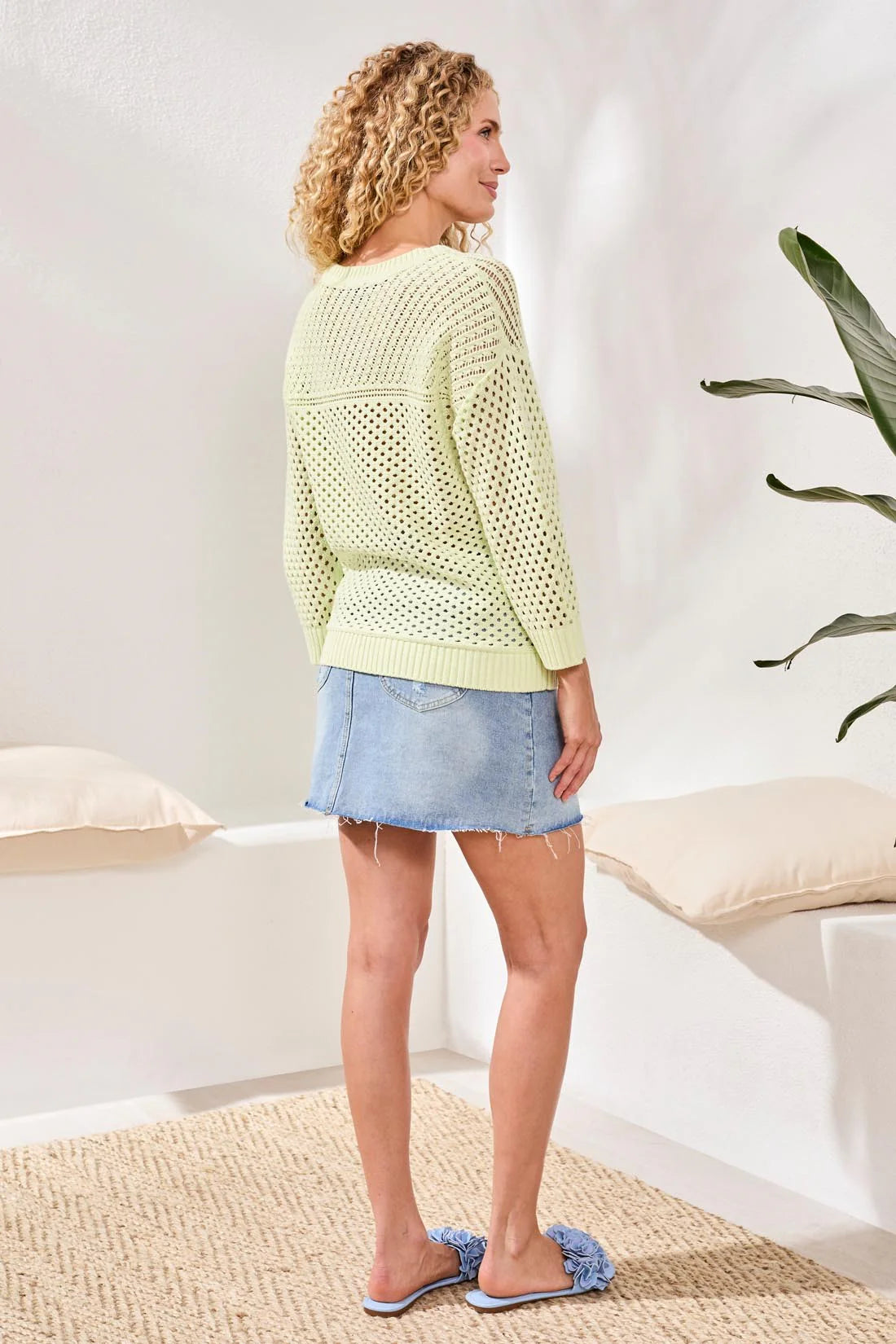Crew Neck Open-Stitch 3/4 Sleeve Sweater