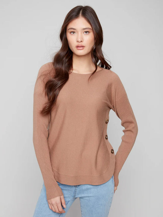 Charlie B - Boat Neck Sweater With Side Buttons - Truffle
