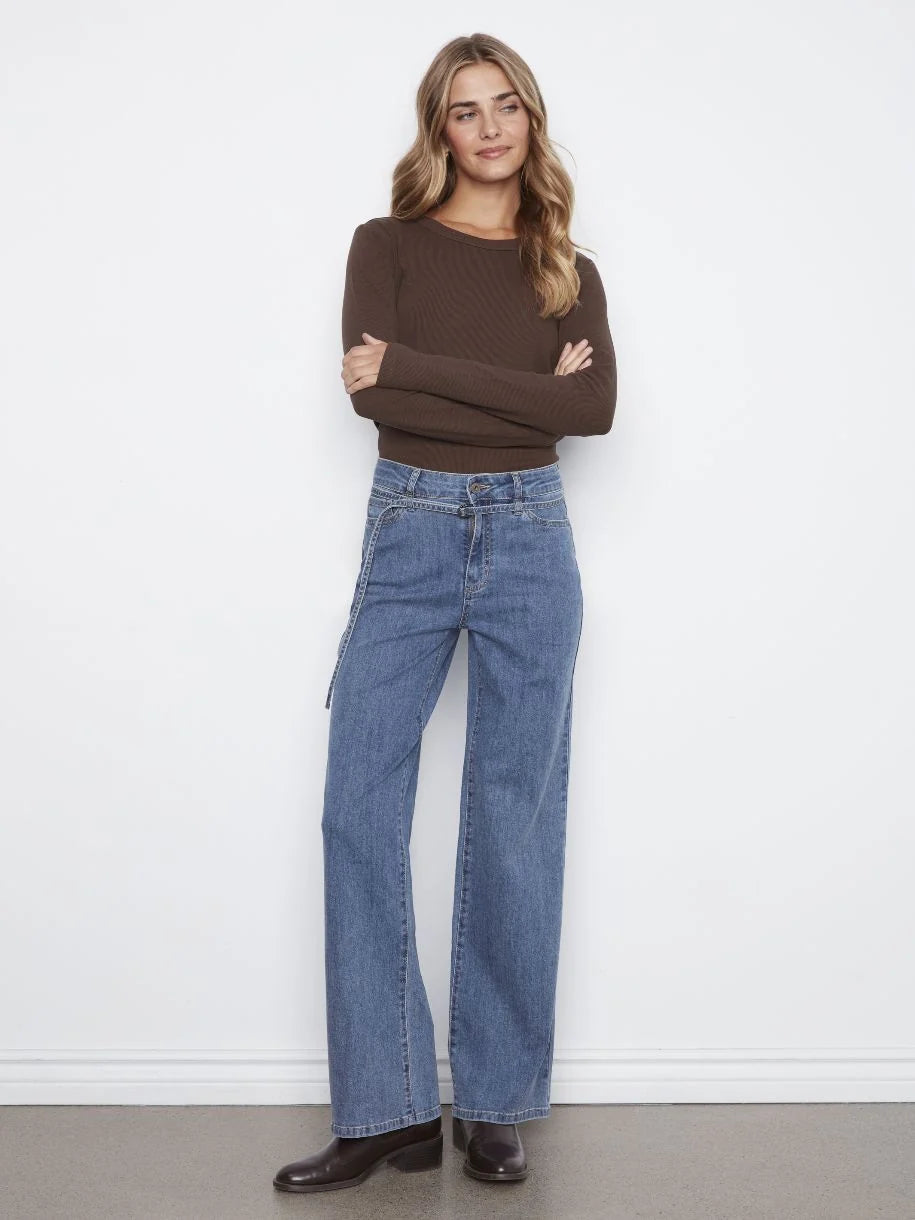 Stretch Denim Wide Leg Belted Pant