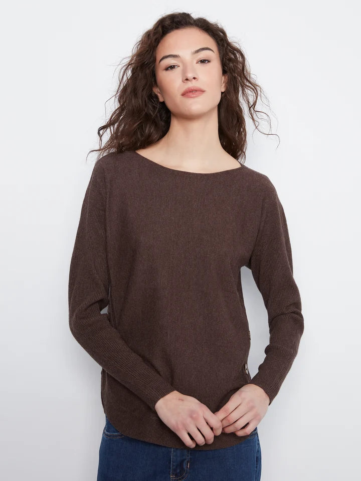 Long Sleeve Drop Shoulder Boat Neck Sweater With Side Buttons Detail