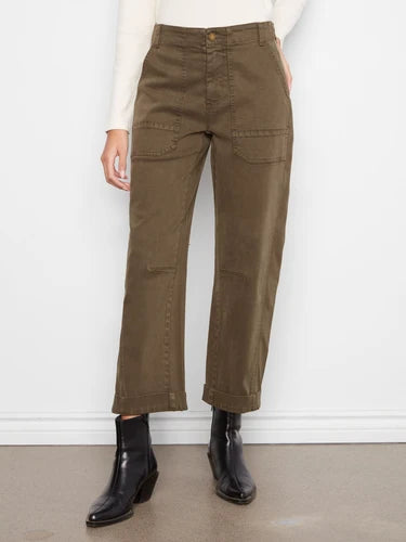 Cropped Barrel Leg Twill Pants - Olive