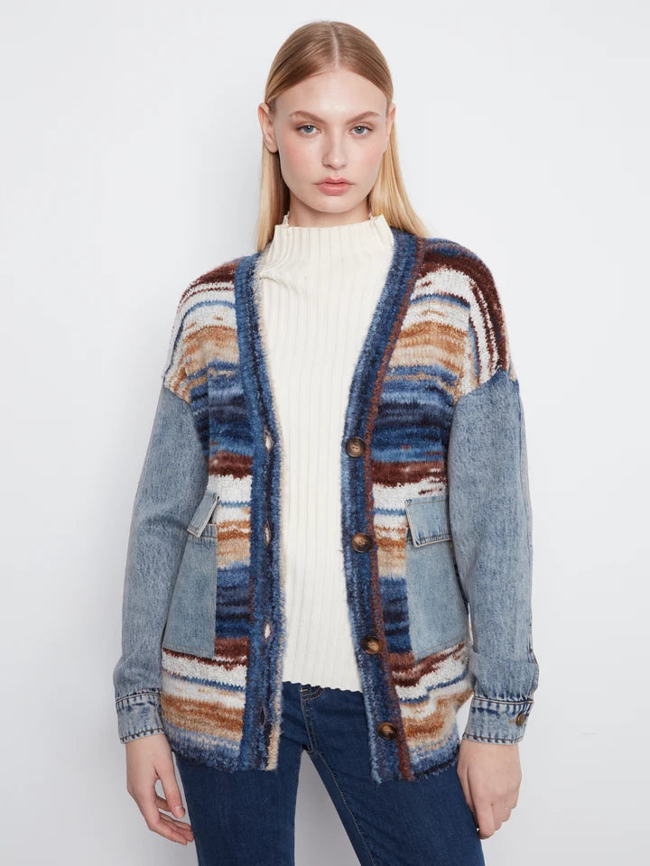 Space Dye Yarn Cardigan With Denim Combo