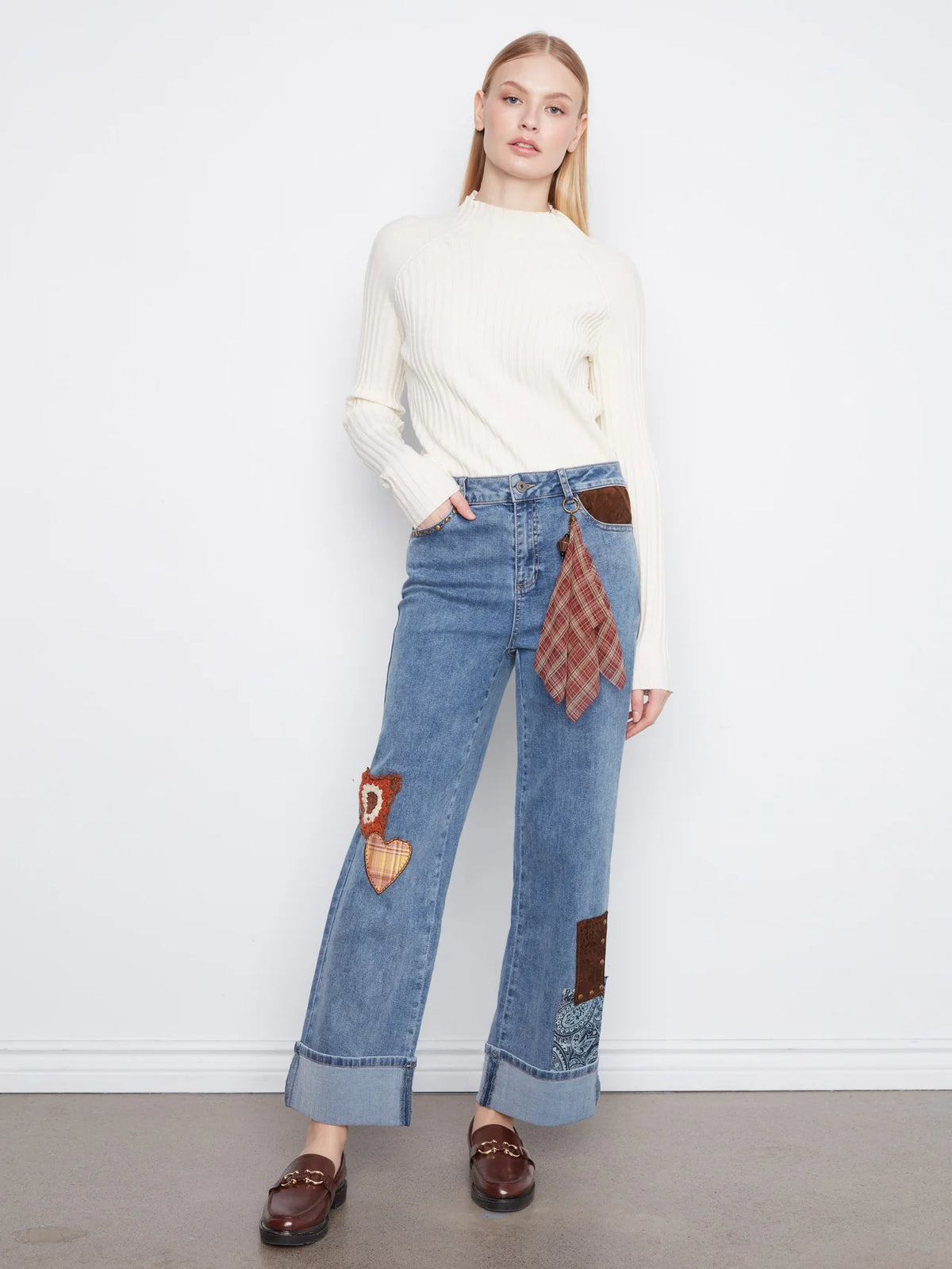 Cuffed Straight Leg Patchwork Jeans - Medium Blue