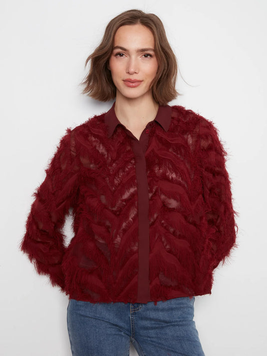 Fringe Chiffon Button-Front Blouse - Merlot