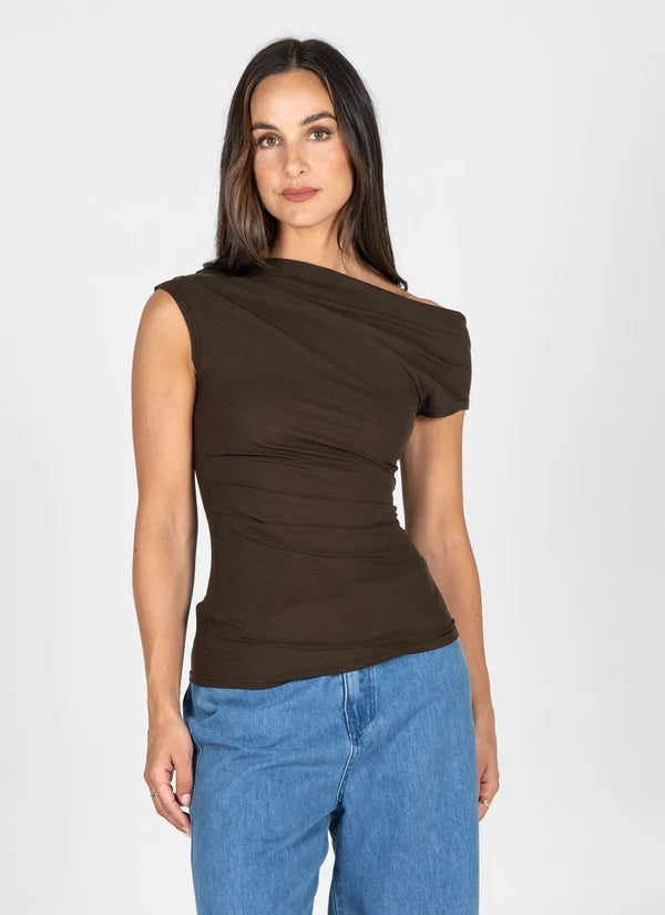 Gathered Front Boat Neck Top in Brown