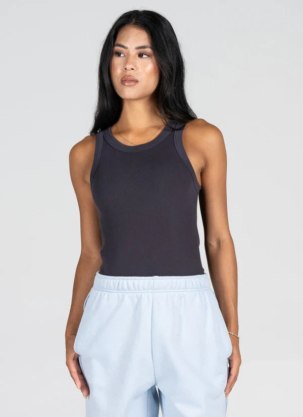 Bamboo Rib High Crew Tank in Carbon