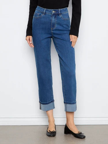 Cuffed Straight Leg Jeans With Leopard Trim - Washed Indigo