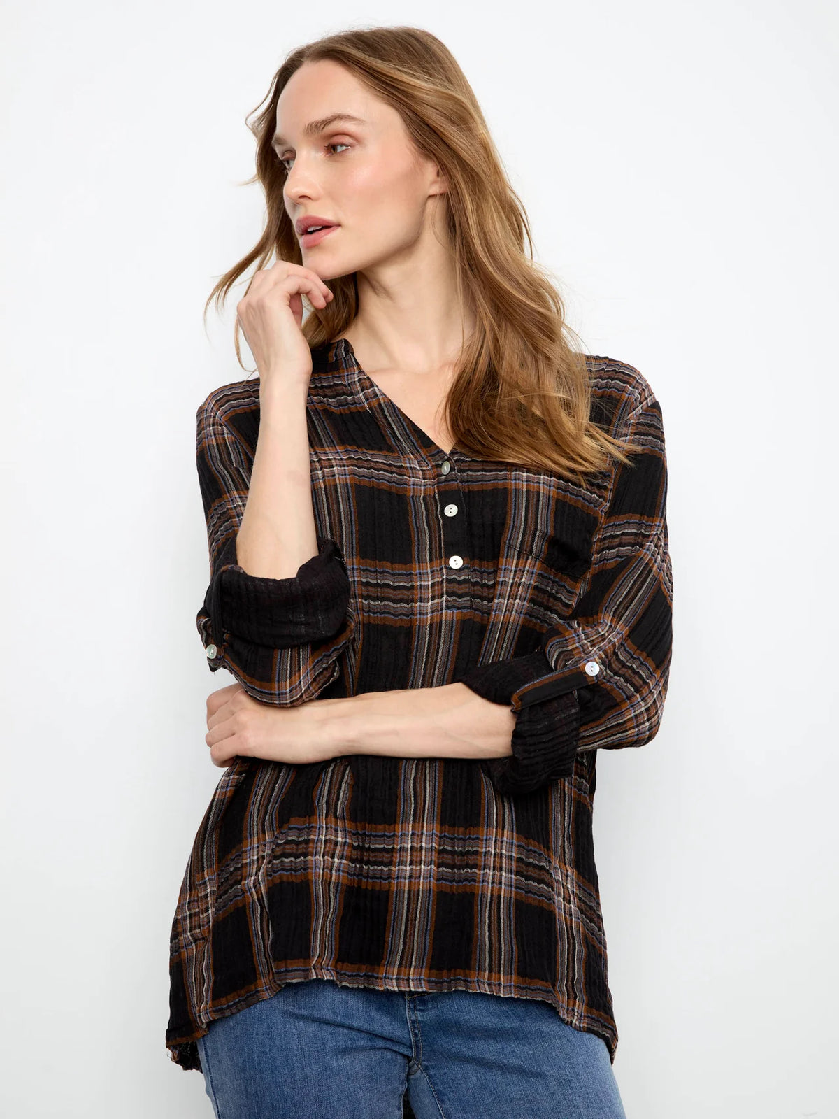 Plaid Double Gauze Blouse - Black