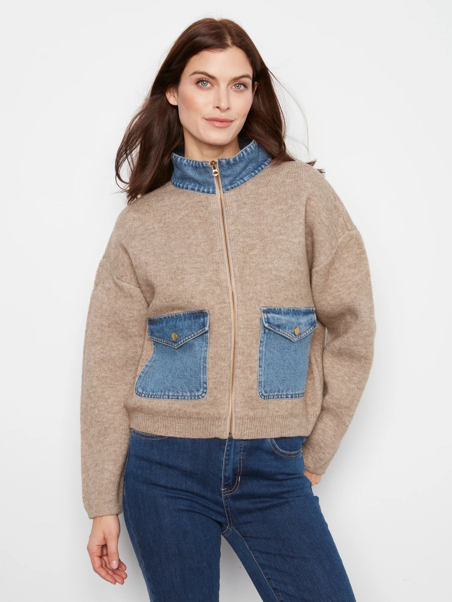 Zippered Sweater Jacket with Denim Accents