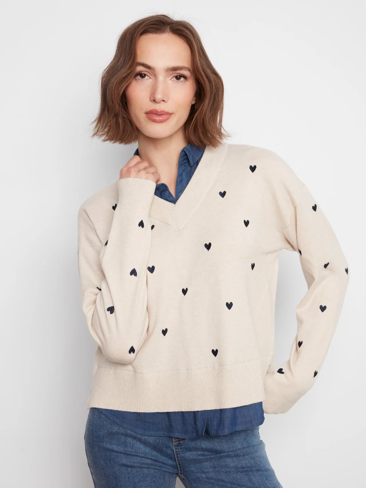 Layered Shirt Sweater With Embroidered Hearts - Heather Oat
