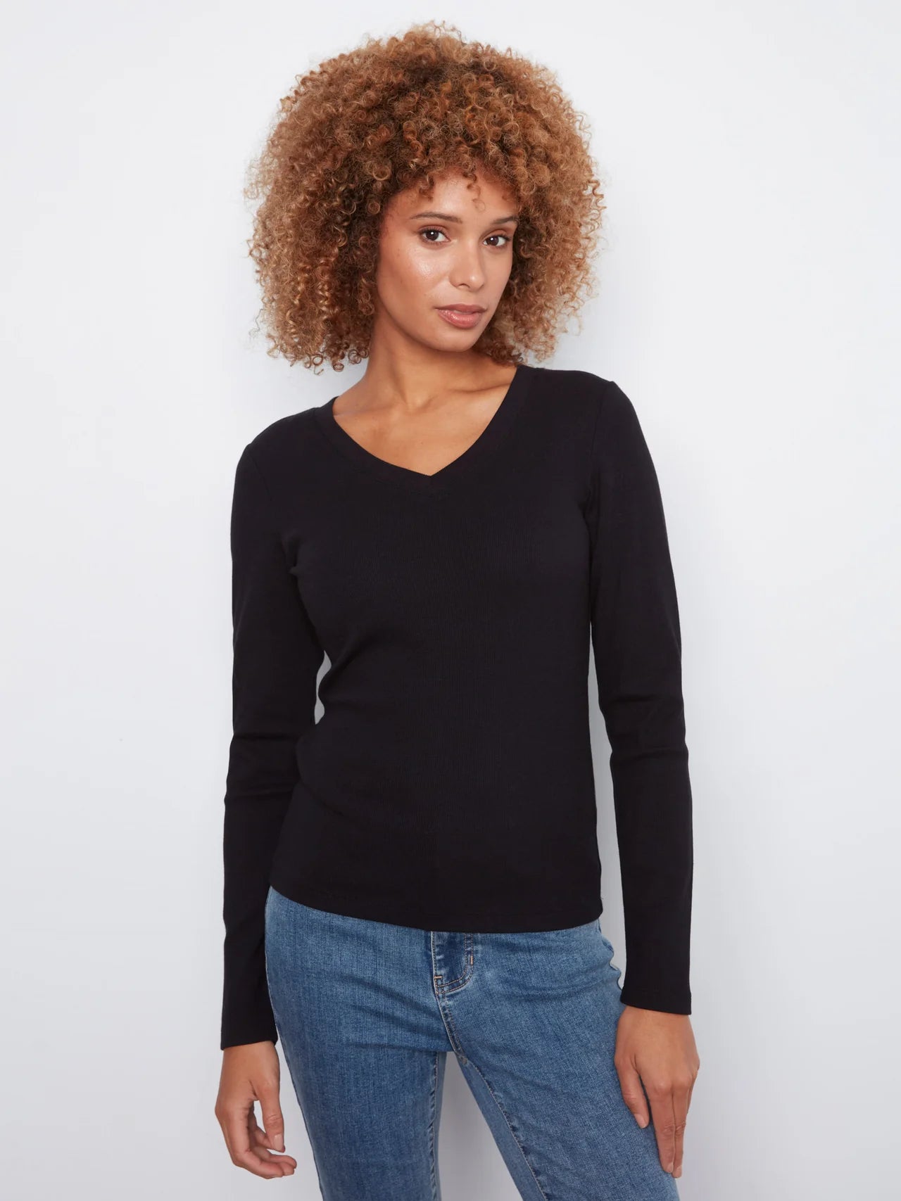 Cotton Blend Ribbed Long Sleeve V-Neck Top - Black