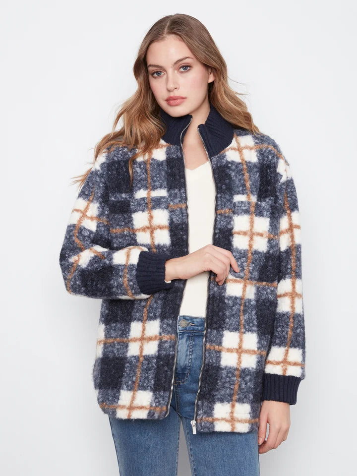 Plaid Bouclé Zip Up Jacket